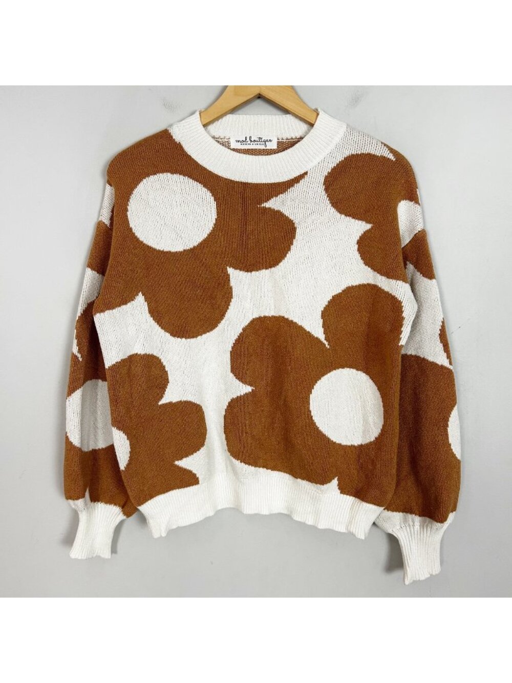 Women's Mod Retro Floral Pullover Sweater Brown Boho Size Medium